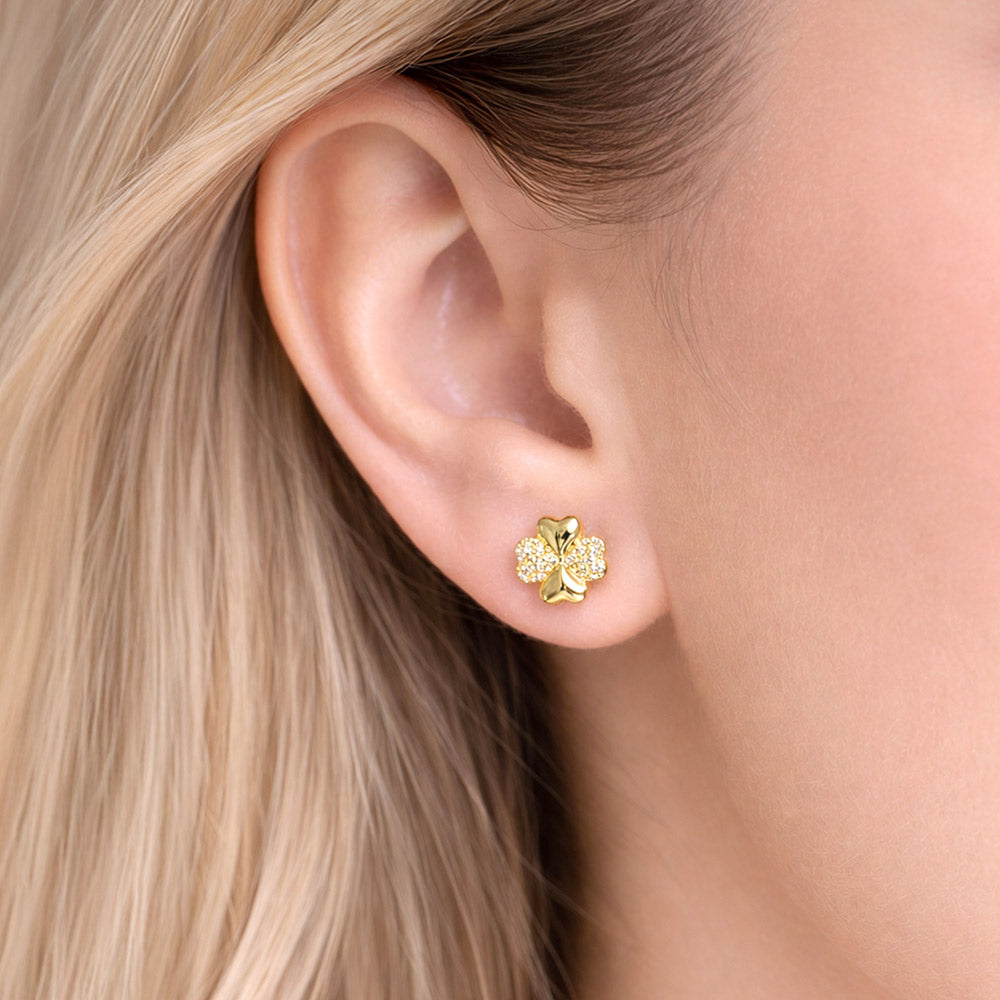 Madeline Love Clear, Gold 14K Gold Dipped CZ Pave Clover Stud Earrings