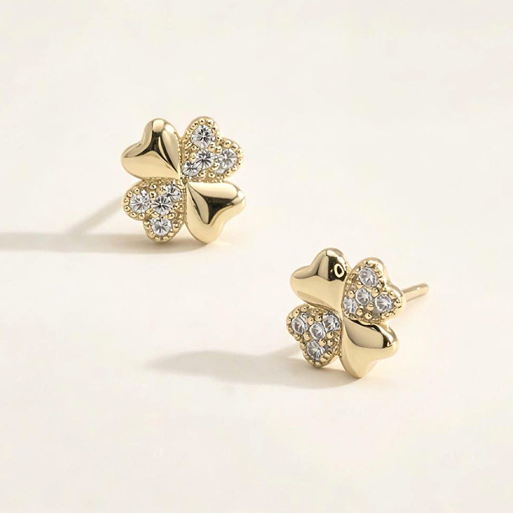 Madeline Love Clear, Gold 14K Gold Dipped CZ Pave Clover Stud Earrings - desc