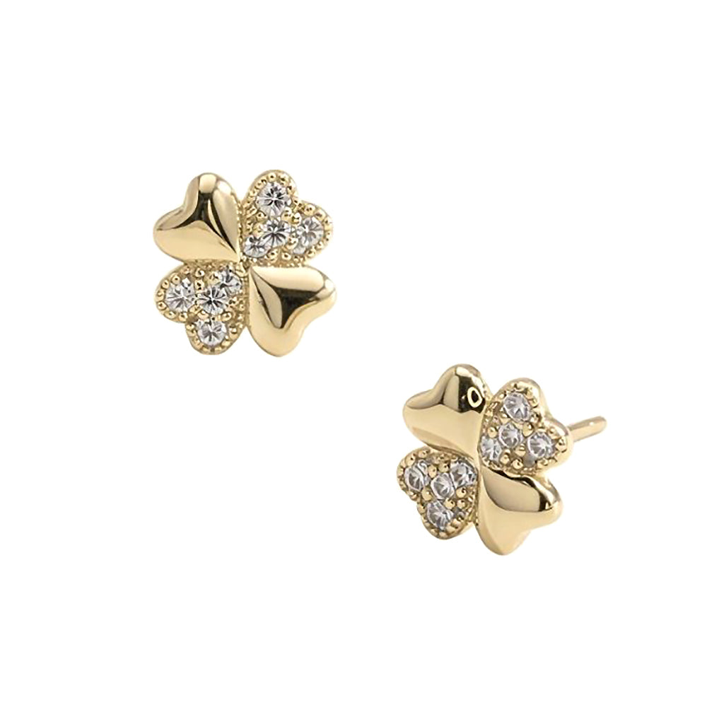 Madeline Love Clear, Gold 14K Gold Dipped CZ Pave Clover Stud Earrings - extra