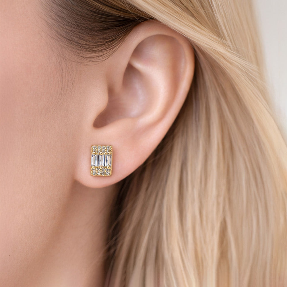 Madeline Love Clear, Gold 14K Gold Dipped Baguette CZ Pave Bar Stud Earrings