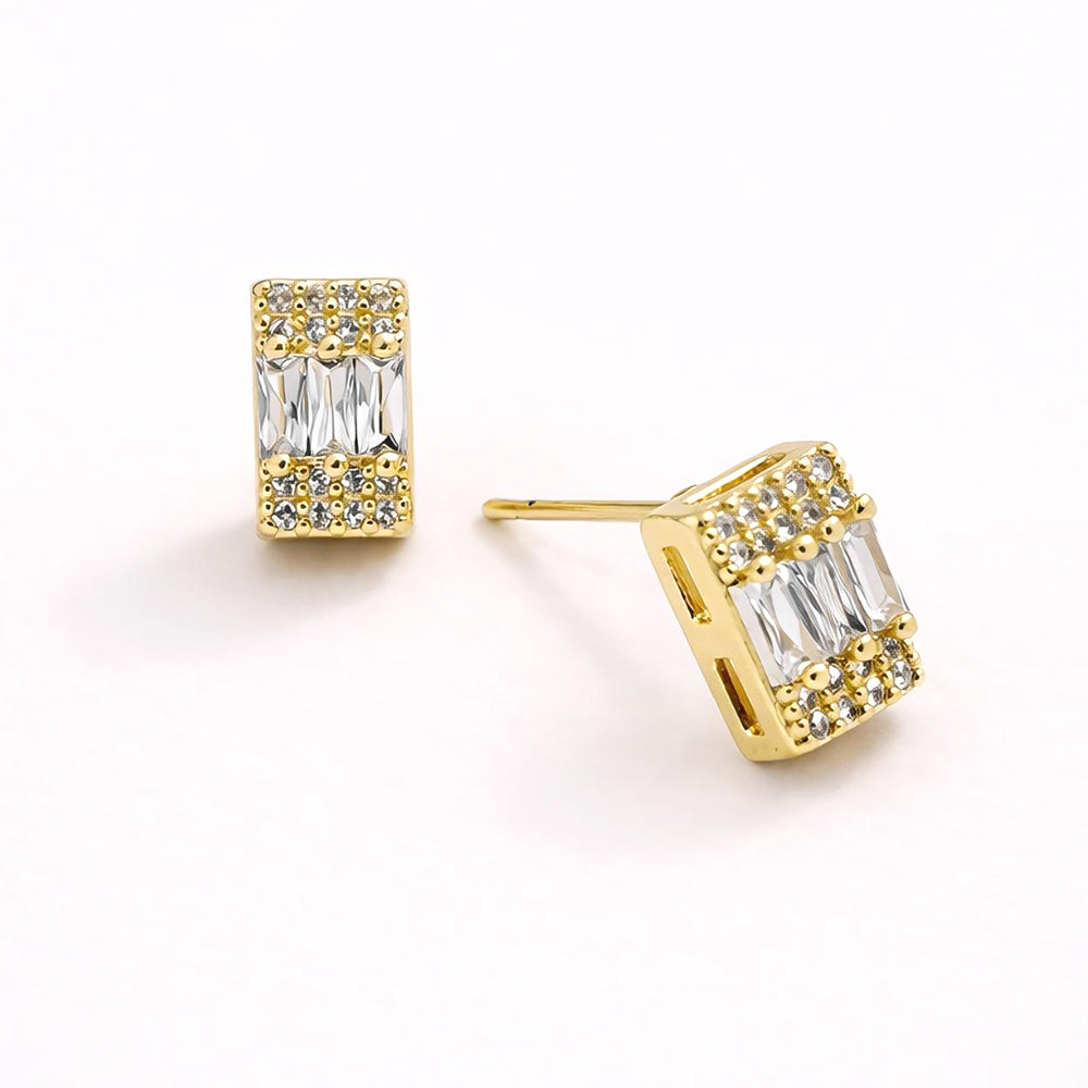 Madeline Love Clear, Gold 14K Gold Dipped Baguette CZ Pave Bar Stud Earrings - desc