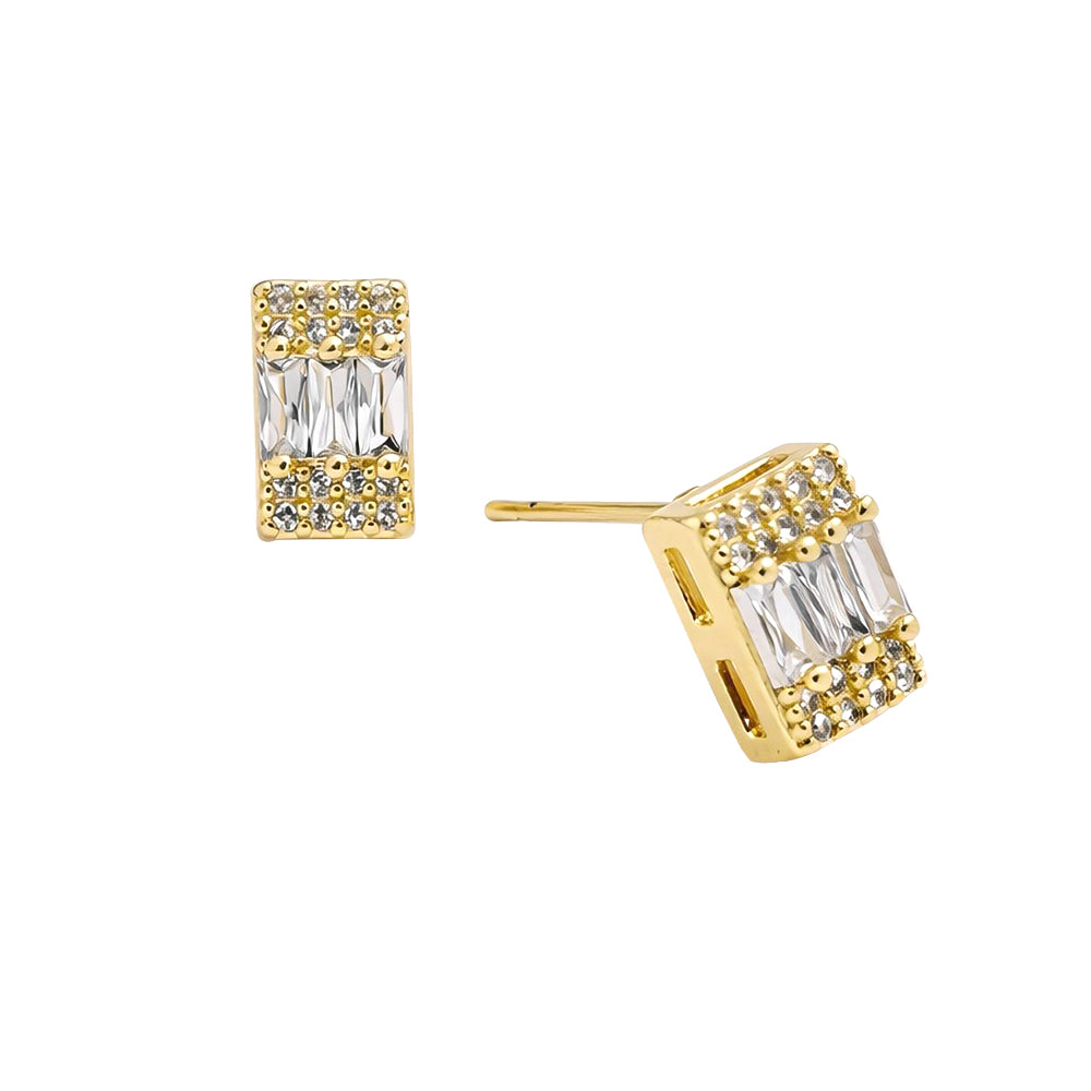 Madeline Love Clear, Gold 14K Gold Dipped Baguette CZ Pave Bar Stud Earrings - extra