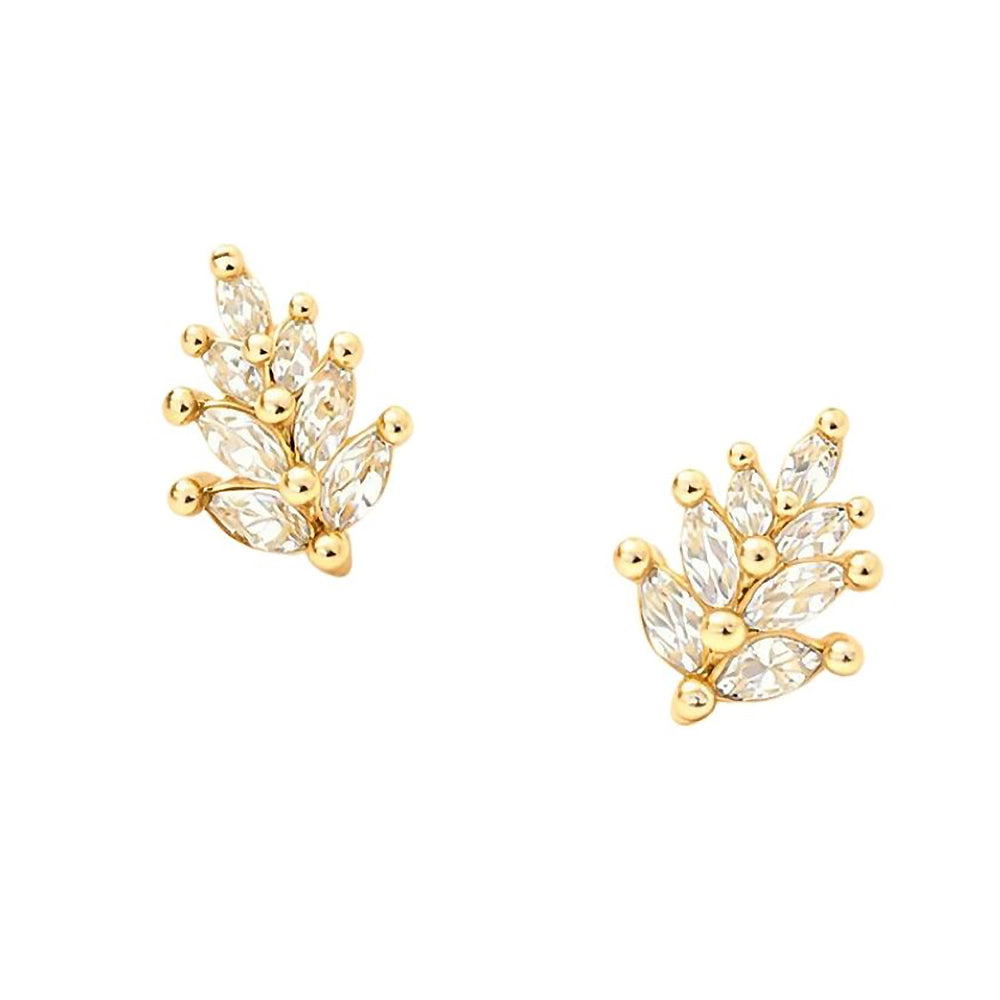 Madeline Love Clear, Gold 14K Gold Dipped CZ Marquise Leaf Stud Earrings - extra