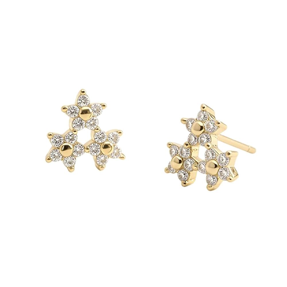 Madeline Love Clear, Gold 14K Gold Dipped CZ Pave Triple Star Cluster Stud Earrings - desc
