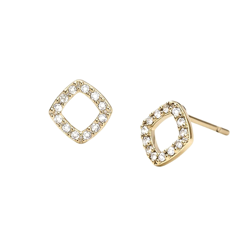 Madeline Love Clear, Gold 14K Gold Dipped CZ Pave Open Square Stud Earrings - desc