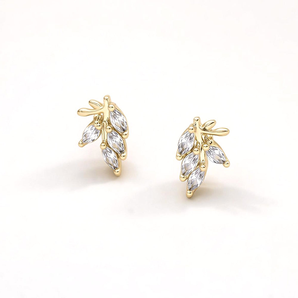 Madeline Love Clear, Gold 14K Gold Dipped Marquise CZ Leaf Stud Earrings - desc