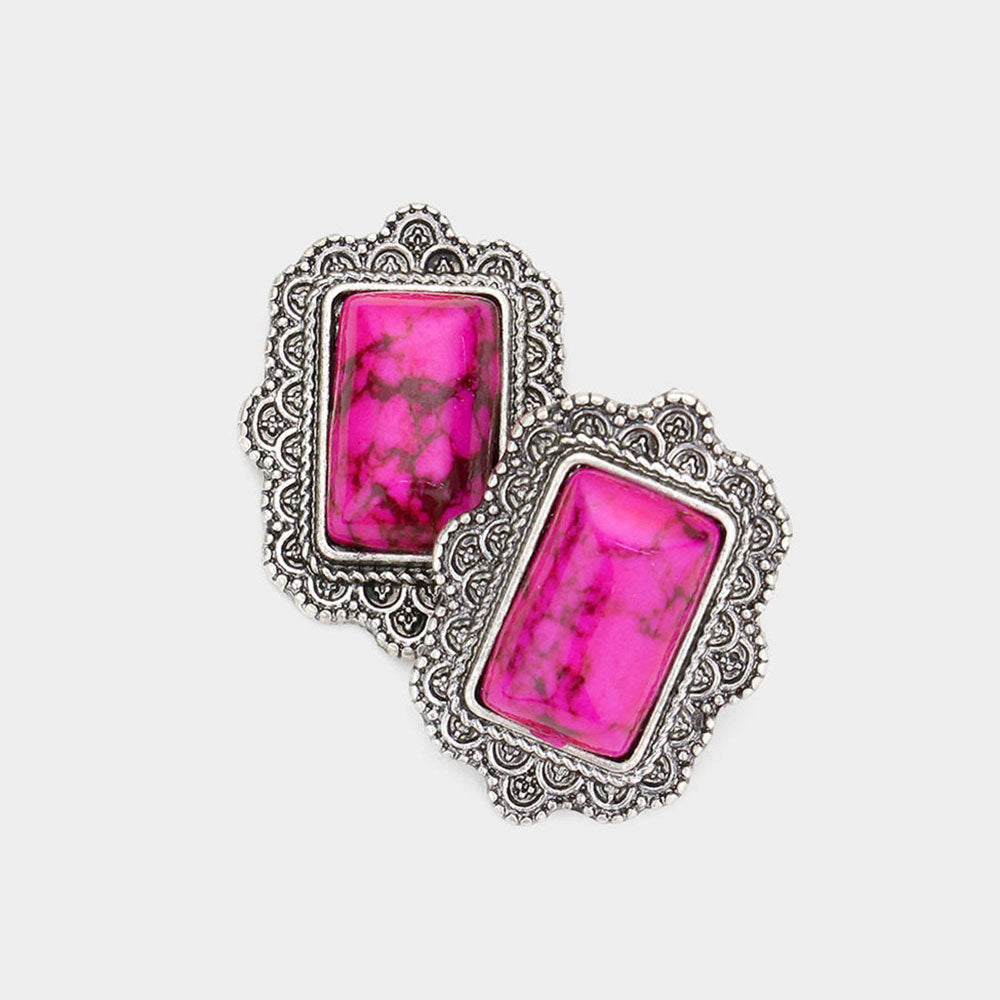 Madeline Love Fuchsia, Silver Burnished Natural Stone Rectangle Antique Metal Stud Earrings