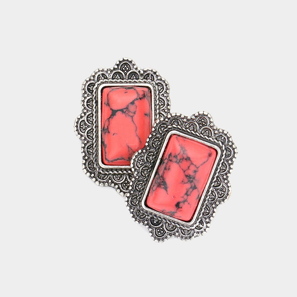 Madeline Love Red, Silver Burnished Natural Stone Rectangle Antique Metal Stud Earrings
