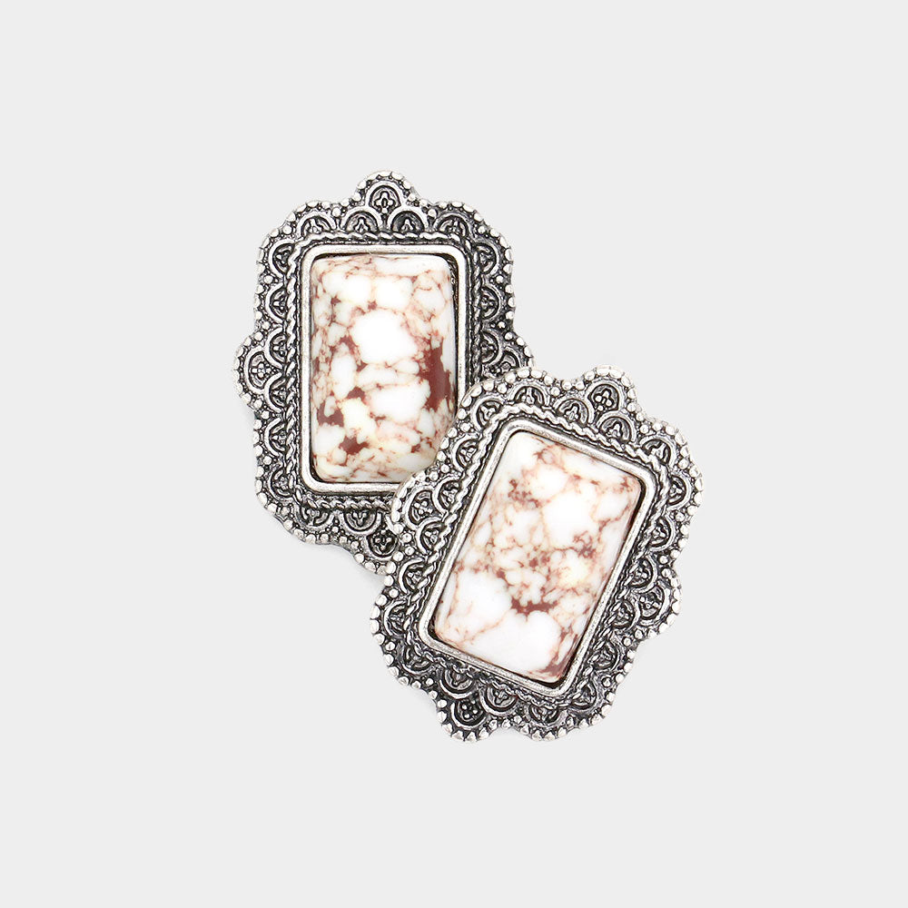Madeline Love Silver Burnished, White Natural Stone Rectangle Antique Metal Stud Earrings