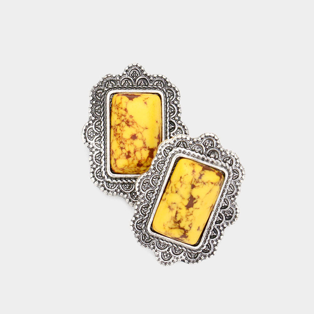 Madeline Love Silver Burnished, Yellow Natural Stone Rectangle Antique Metal Stud Earrings