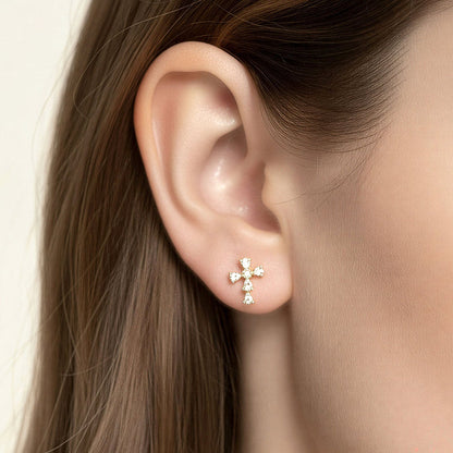 Madeline Love Clear, Gold 14K Gold Dipped Marquise CZ Cluster Cross Stud Earrings