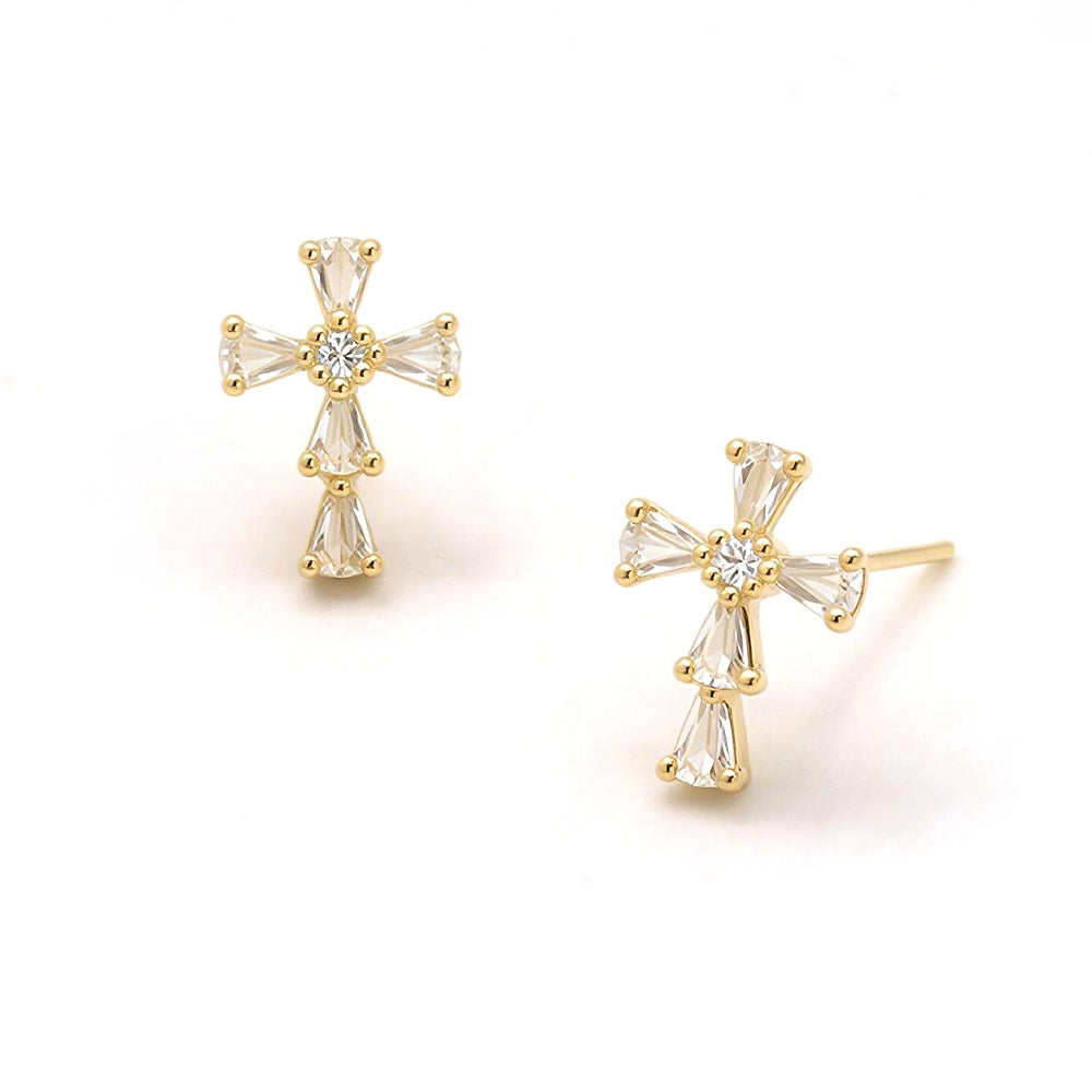 Madeline Love Clear, Gold 14K Gold Dipped Marquise CZ Cluster Cross Stud Earrings - desc
