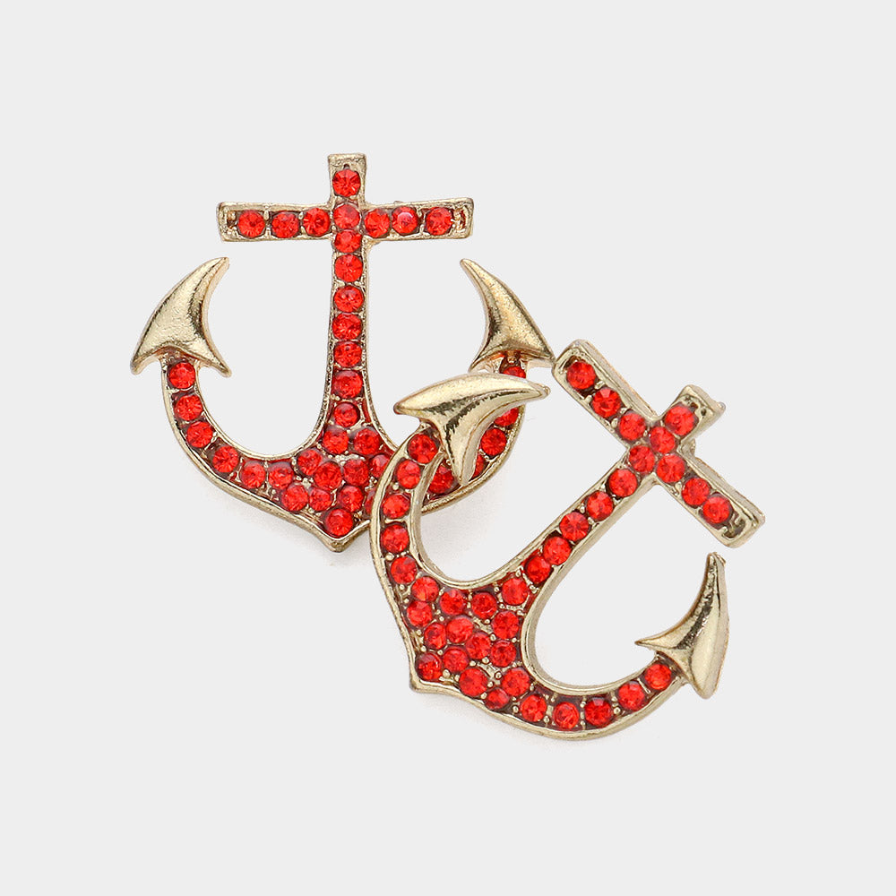 Gold, Siam Stone Paved Anchor Stud Earrings