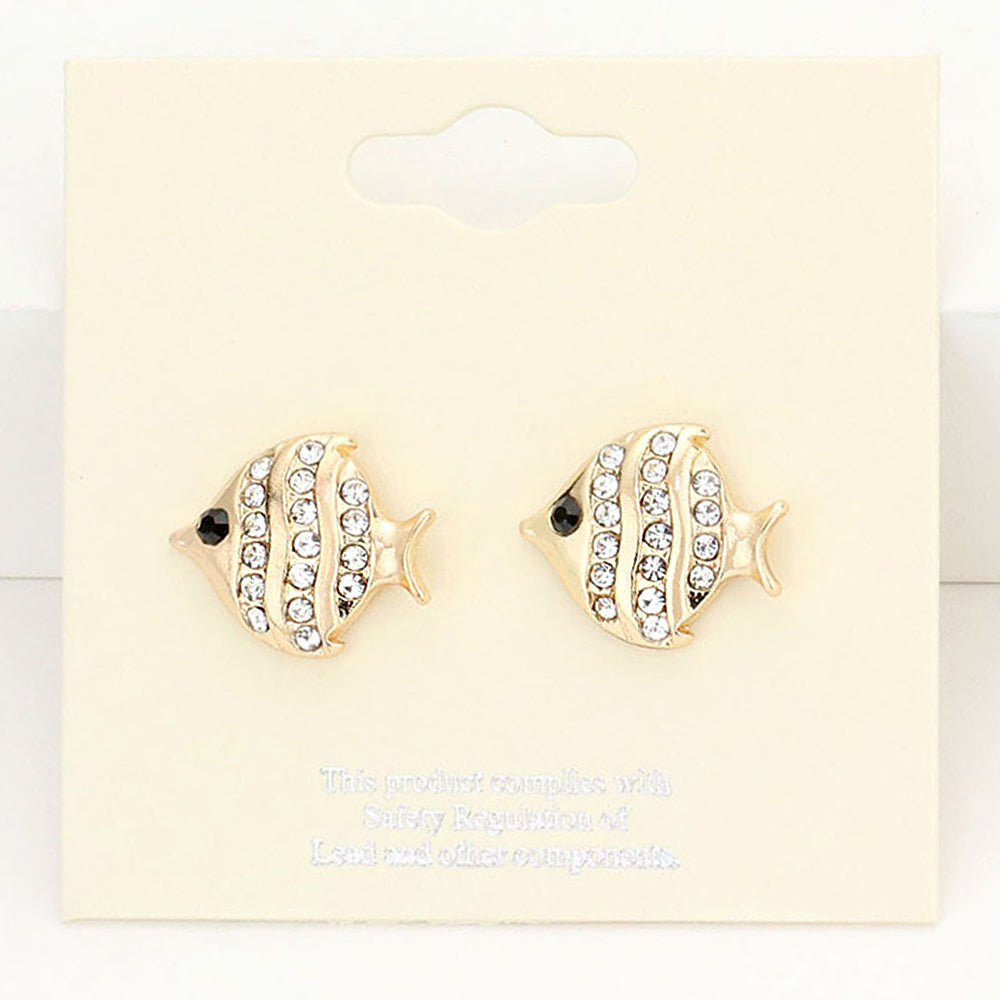 Madeline Love Clear, Gold Crystal Pave Fish Stud Earrings