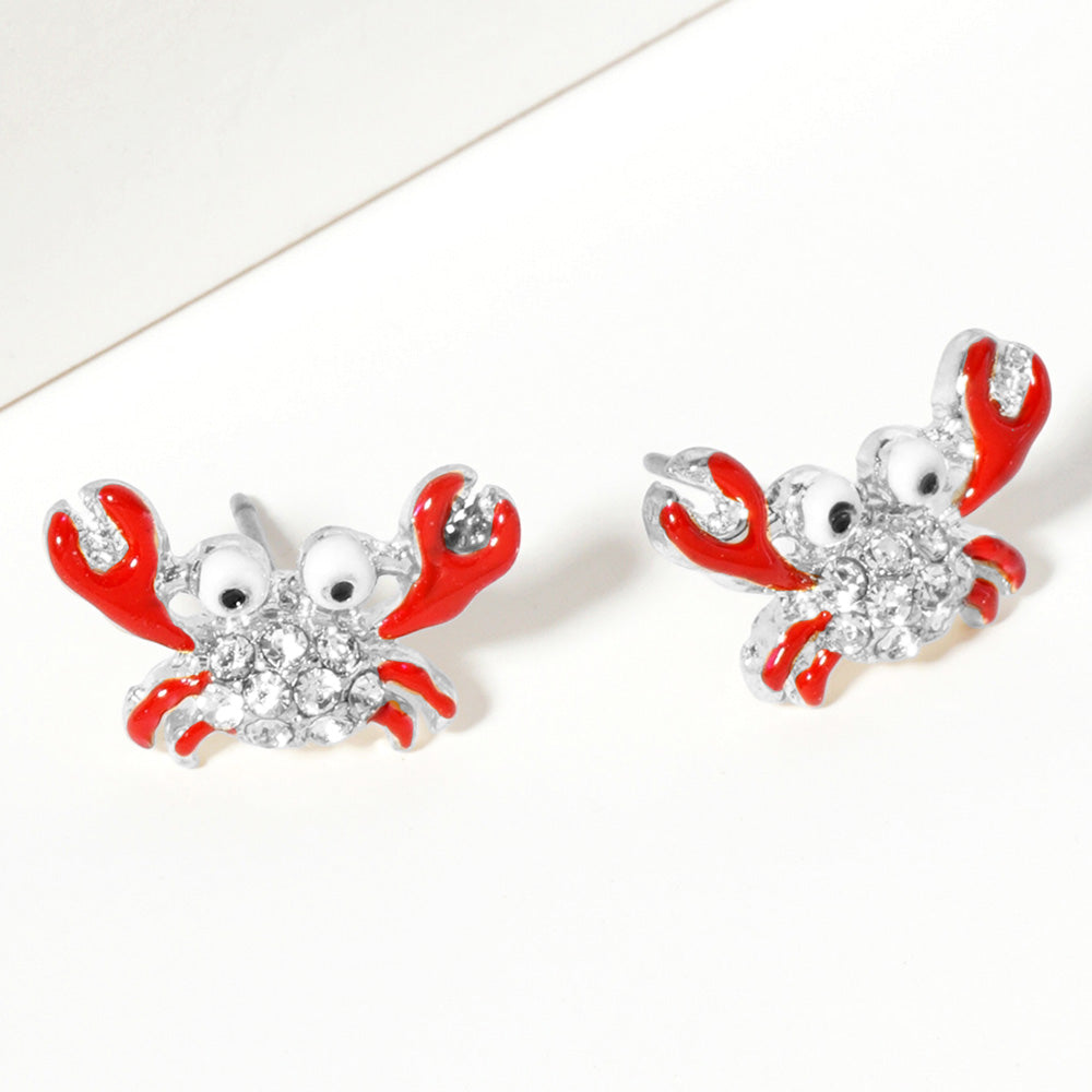 Madeline Love Red, Rhodium Crab Crystal Accented Stud Earrings