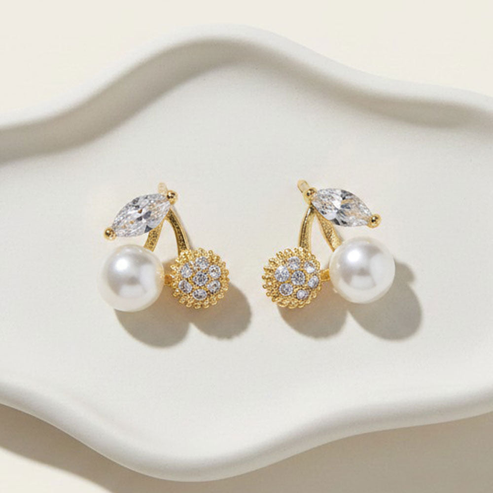 Madeline Love Gold, White 14K Gold Dipped Hypoallergenic Pearl CZ Cherry Stud Earrings