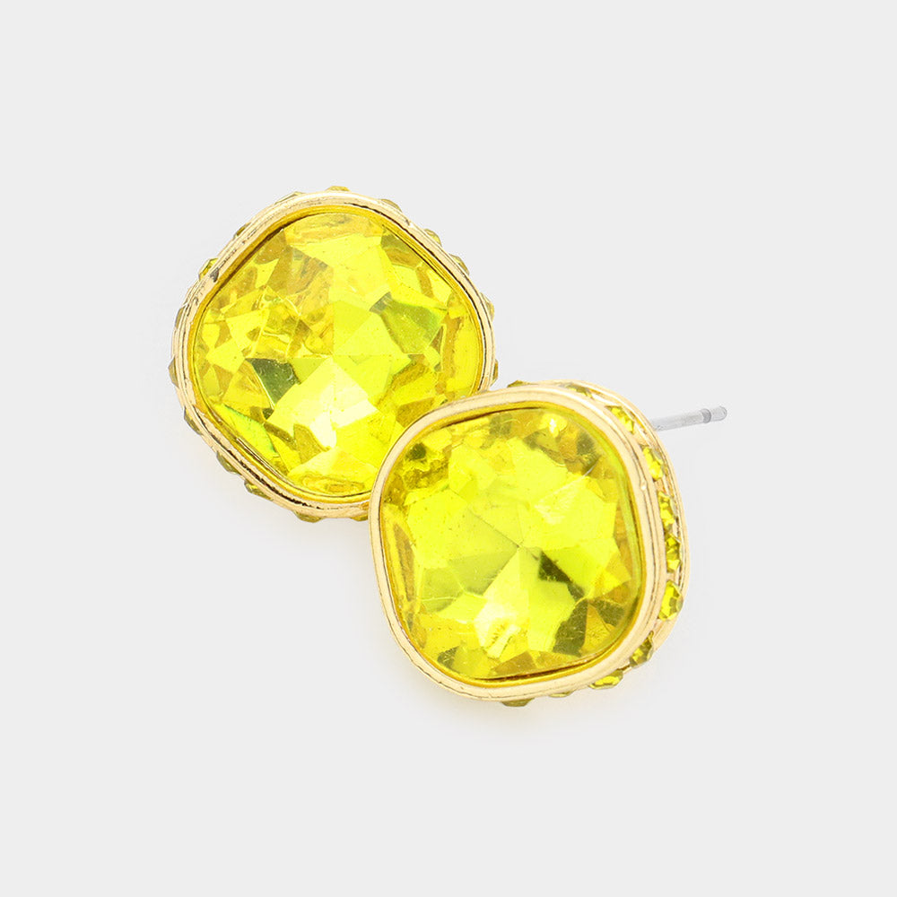 Madeline Love Yellow Rhinestone Trimmed Square Stone Evening Stud Earrings