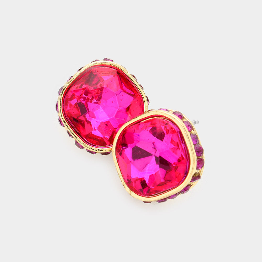 Madeline Love Fuchsia Rhinestone Trimmed Square Stone Evening Stud Earrings
