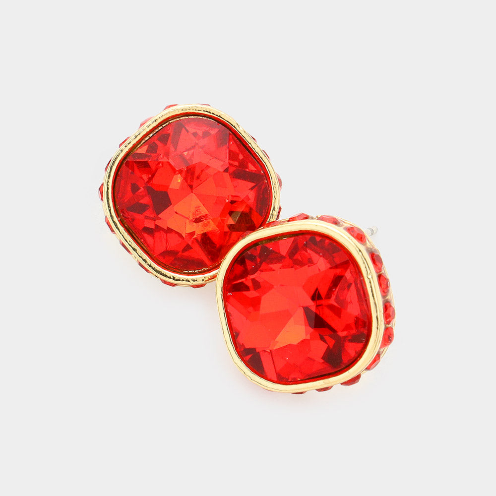 Madeline Love Siam Rhinestone Trimmed Square Stone Evening Stud Earrings