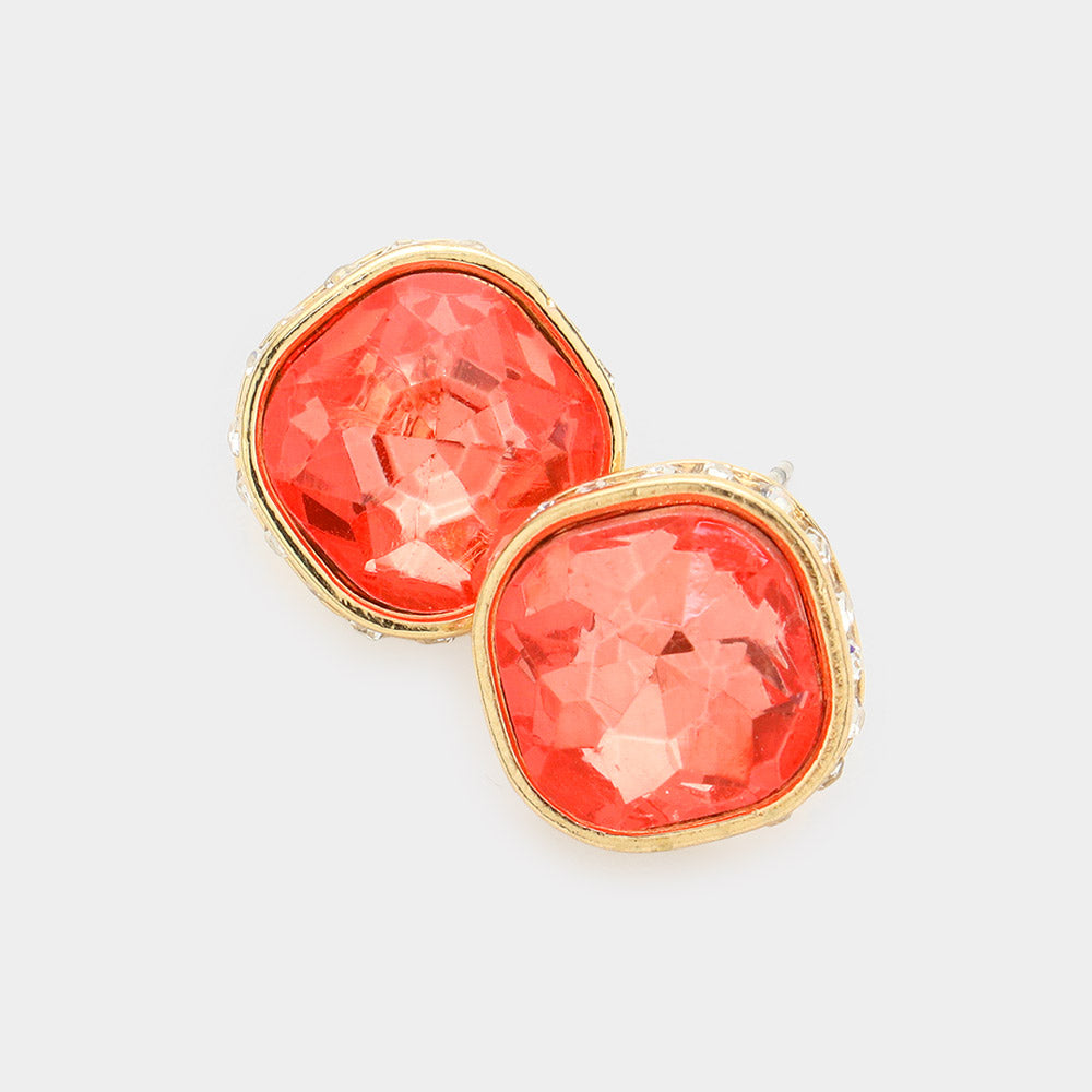 Madeline Love Coral Rhinestone Trimmed Square Stone Evening Stud Earrings