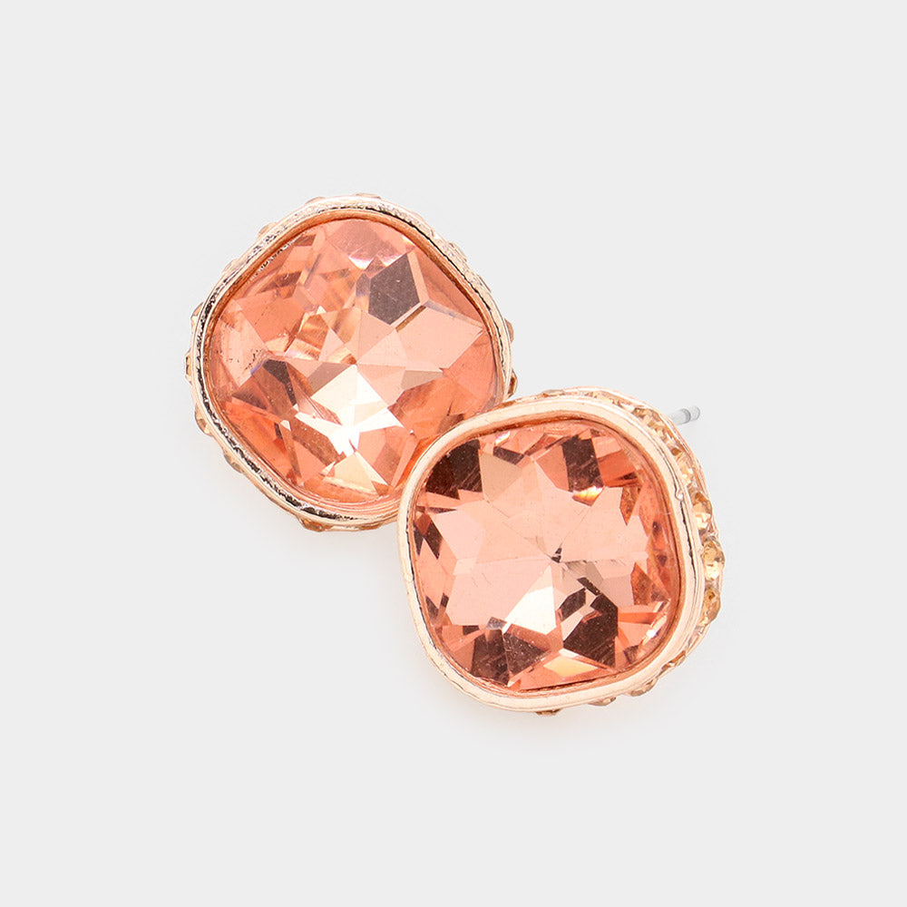 Madeline Love Peach Rhinestone Trimmed Square Stone Evening Stud Earrings