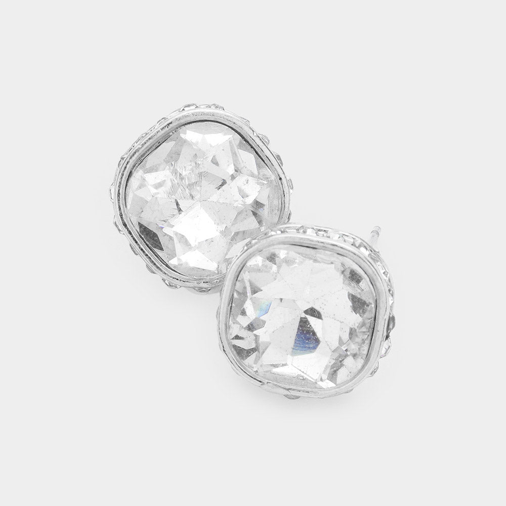 Madeline Love Silver Rhinestone Trimmed Square Stone Evening Stud Earrings