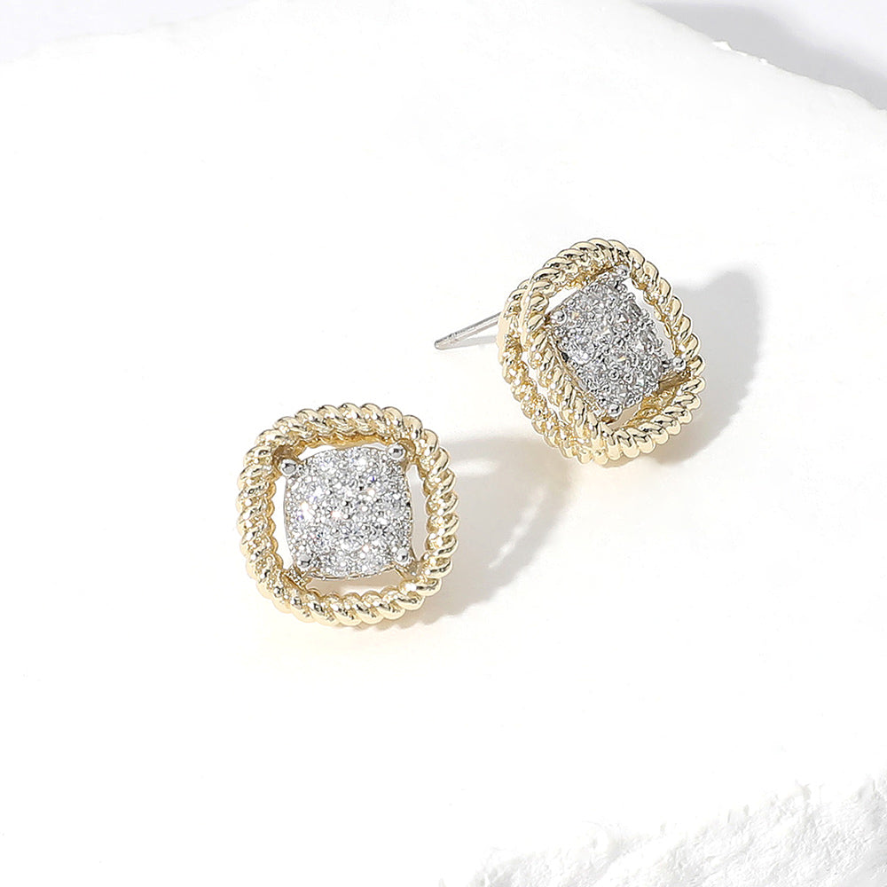 Madeline Love Two Tone CZ Embellished Curved Square Stud Earrings