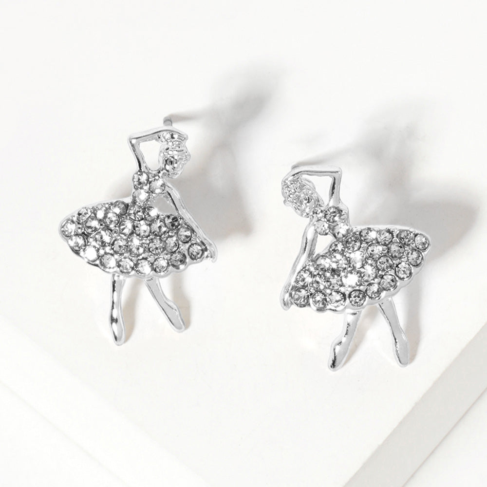 Clear, Silver Crystal Paved Ballerina Girl Stud Earrings
