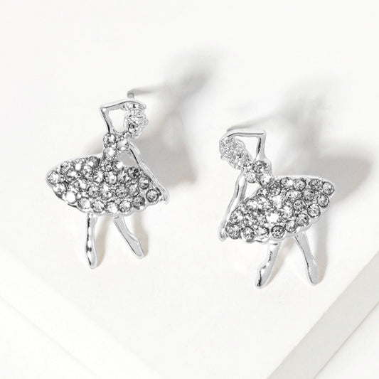 Clear, Silver Crystal Paved Ballerina Girl Stud Earrings