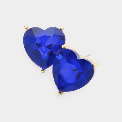 Heart Stone Evening Stud Earrings - Gold Sapphire - Earrings