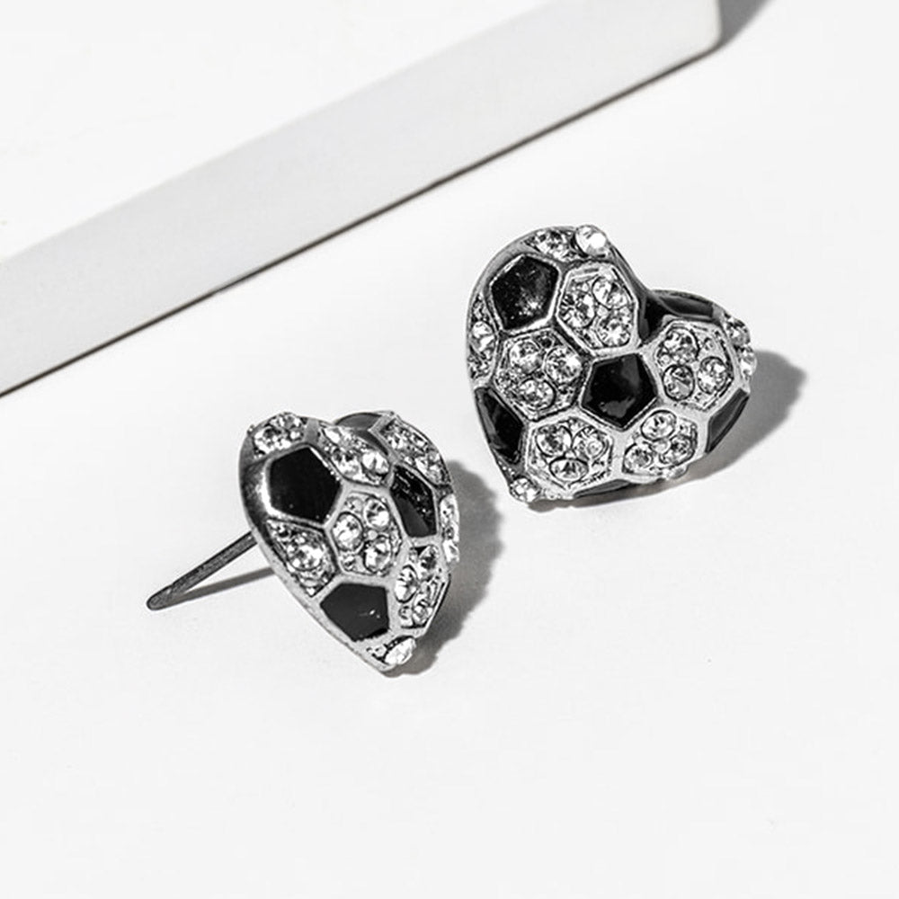 Madeline Love Black, Clear, Rhodium Soccer Crystal Pave Heart Stud Earrings