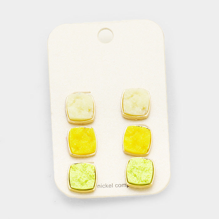 Madeline Love Gold, Multi, Yellow 3Pairs Genuine Druzy Square Stud Earrings