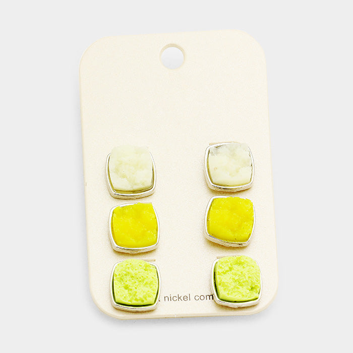 Madeline Love Multi, Rhodium 3Pairs Genuine Druzy Square Stud Earrings