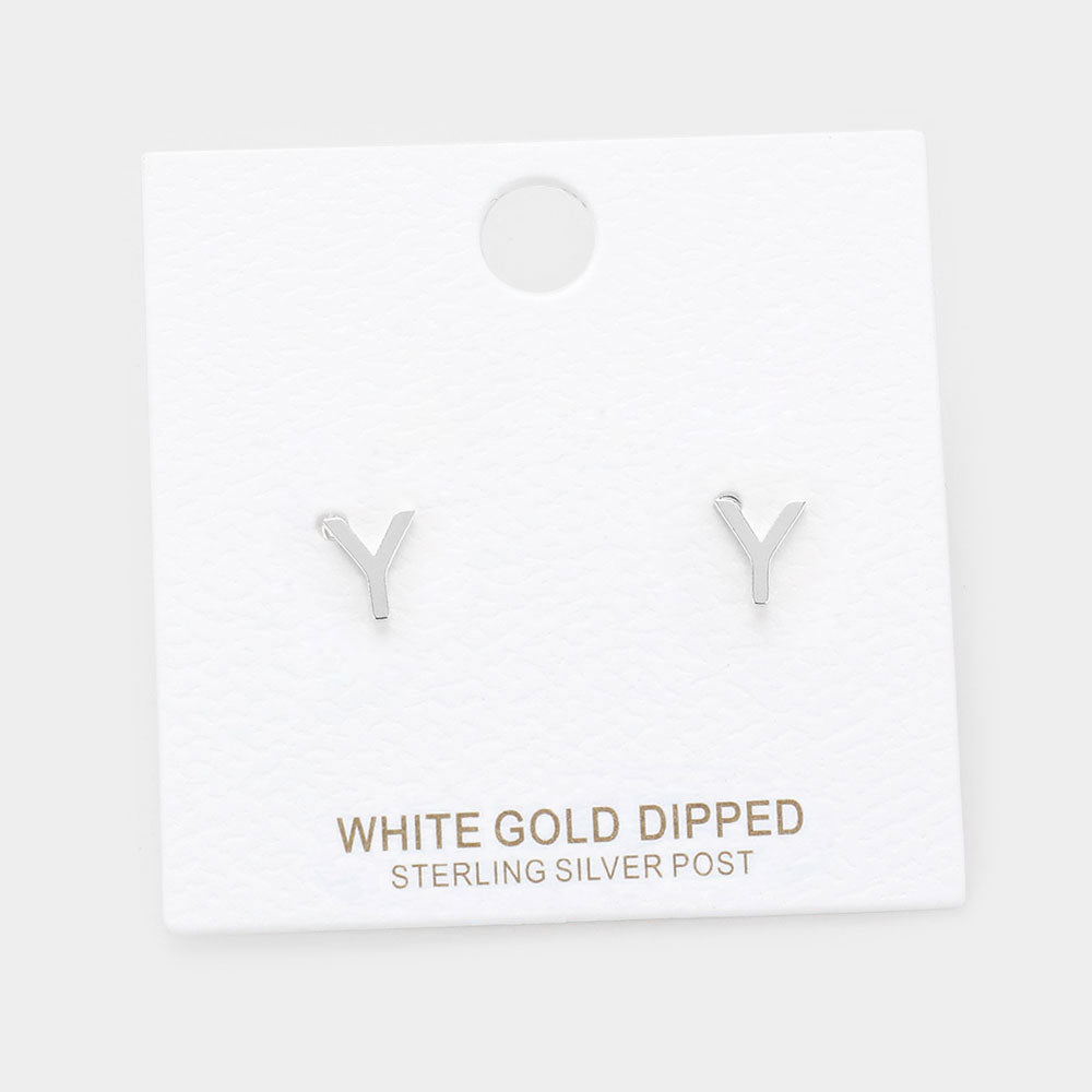 Madeline Love Rhodium, ~Y~ -Y- White Gold Dipped Metal Initial Monogram Stud Earrings - extra