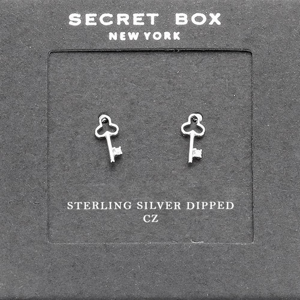 Madeline Love Silver Sterling Silver Dipped CZ Clover Key Stud Earrings