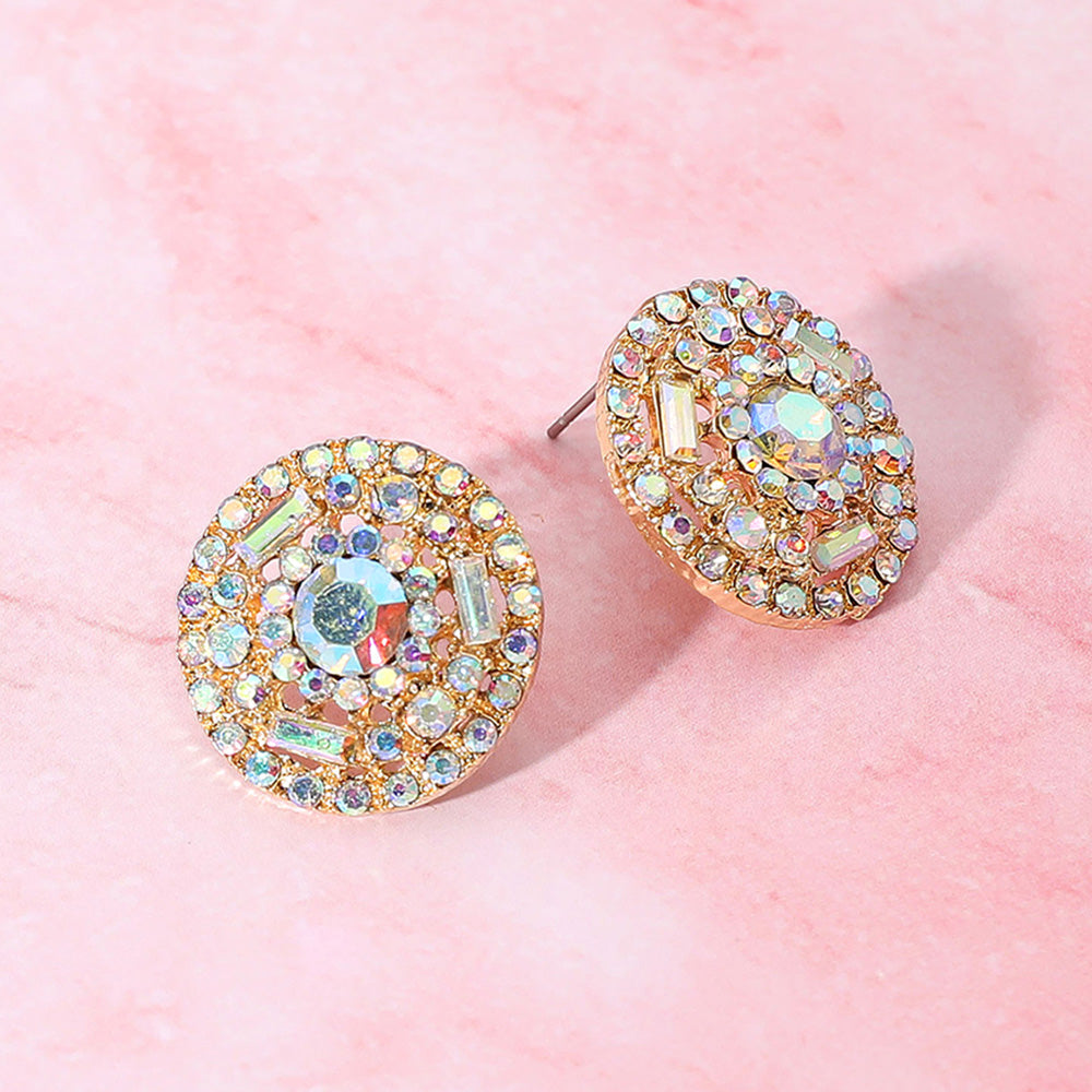 Madeline Love AB, Gold Rhinestone Embellished Round Evening Stud Earrings