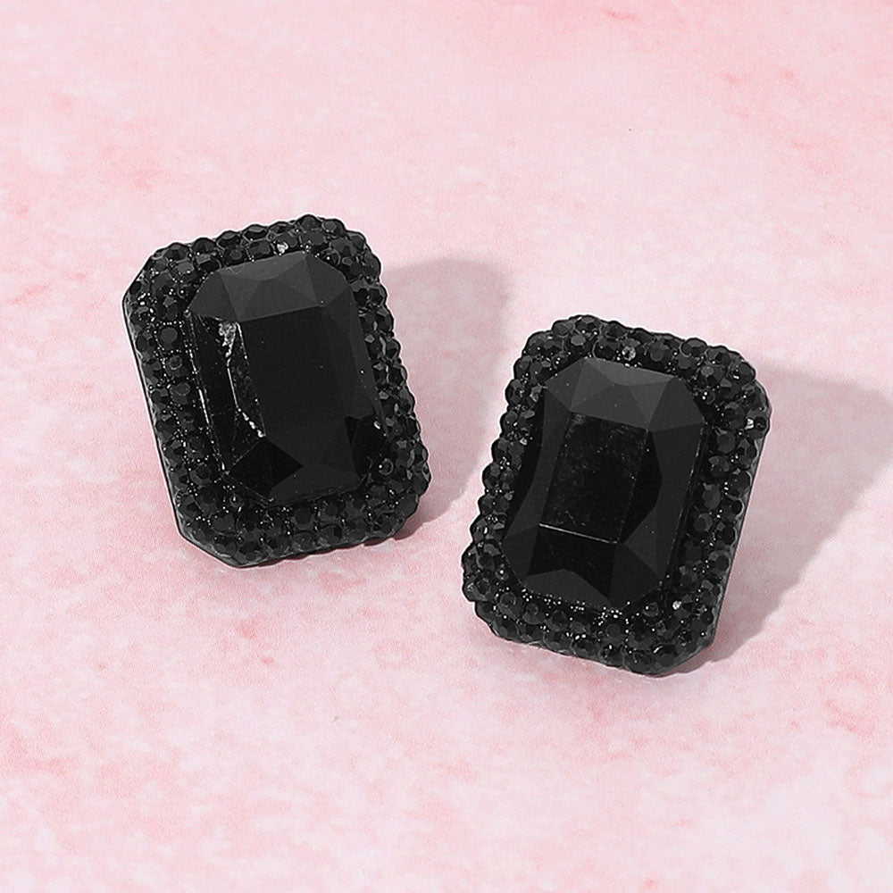 Madeline Love Black, Jet Black Iridescent Rectangular Rhinestone Evening Stud Earrings