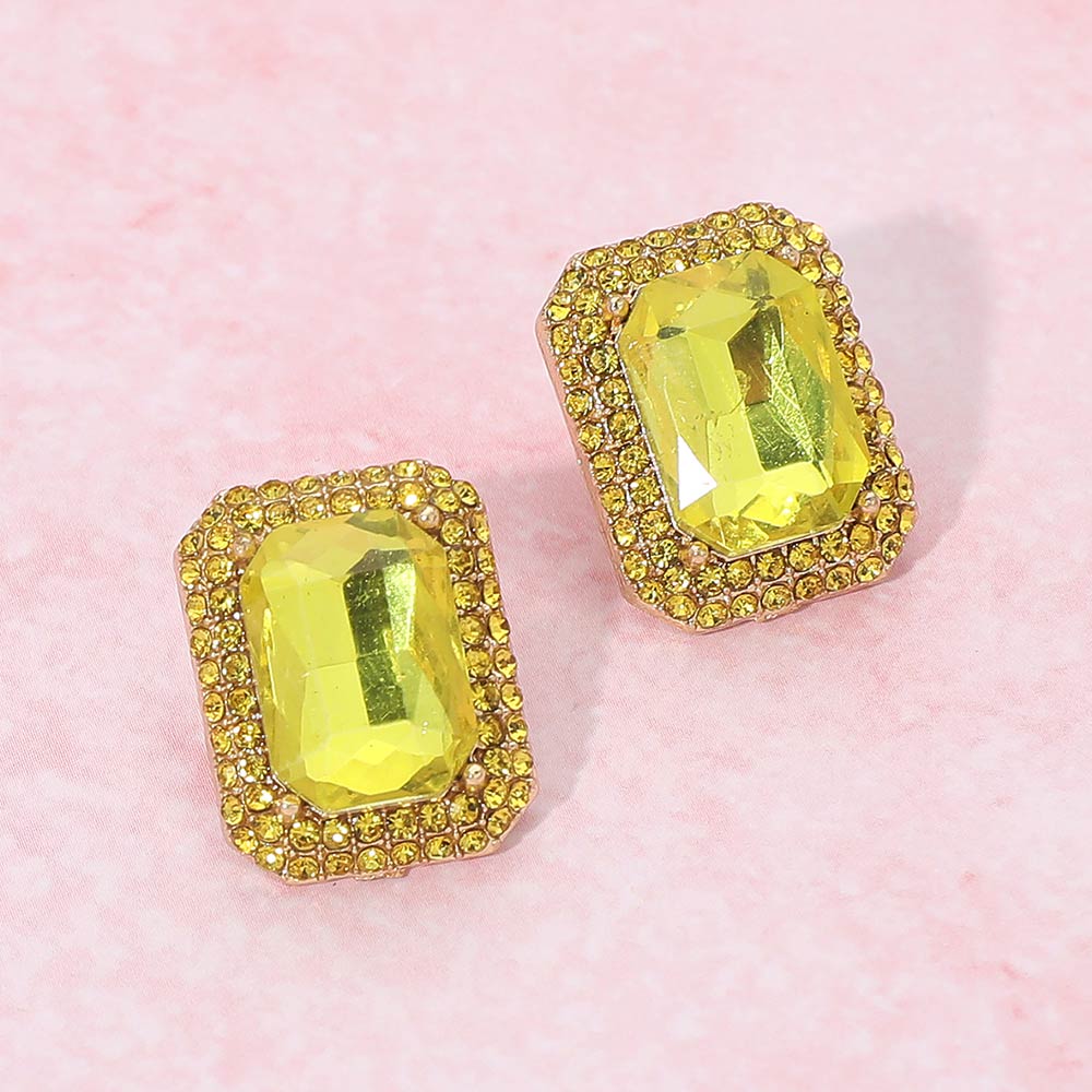 Madeline Love Gold, Yellow Iridescent Rectangular Rhinestone Evening Stud Earrings