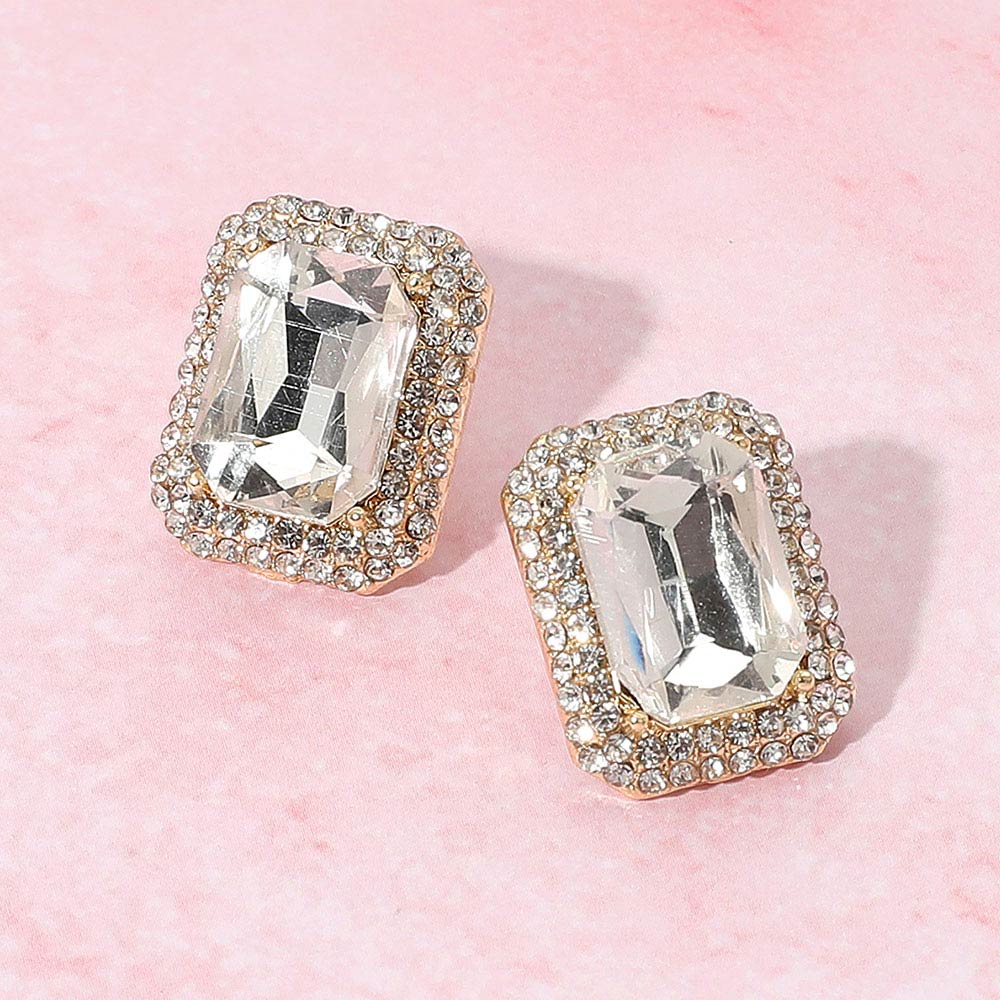 Madeline Love Clear, Gold Iridescent Rectangular Rhinestone Evening Stud Earrings