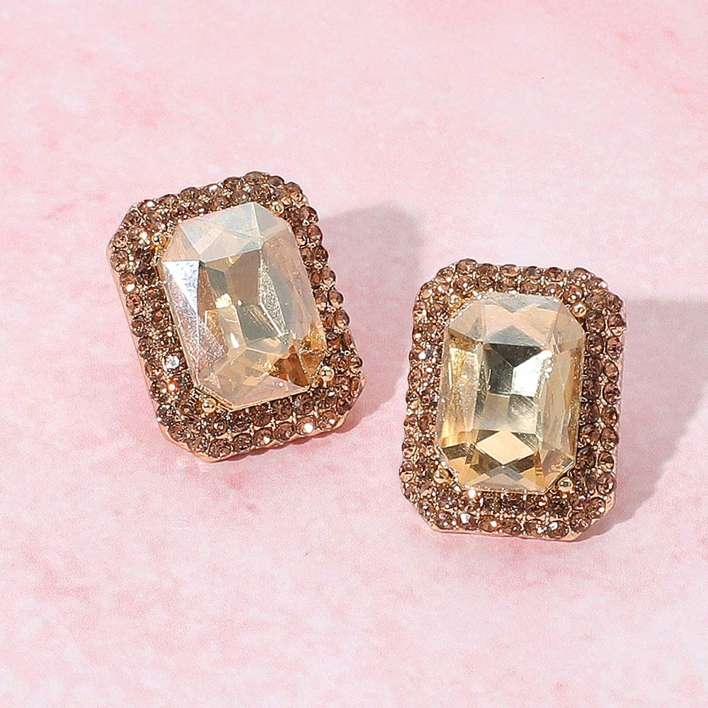 Madeline Love Gold, Lt Col Topaz Iridescent Rectangular Rhinestone Evening Stud Earrings