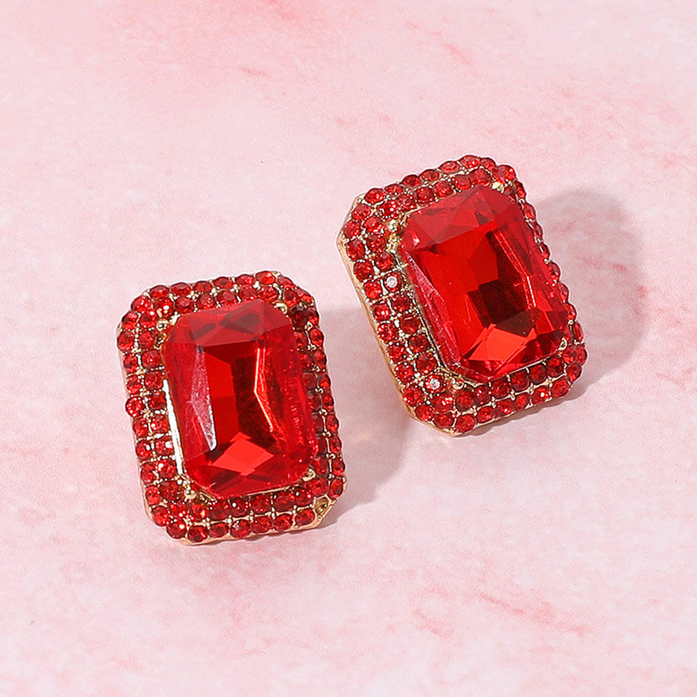 Madeline Love Gold, Siam Iridescent Rectangular Rhinestone Evening Stud Earrings