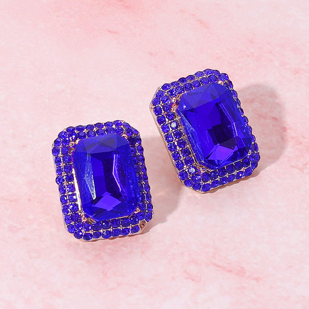 Madeline Love Gold, Sapphire Iridescent Rectangular Rhinestone Evening Stud Earrings