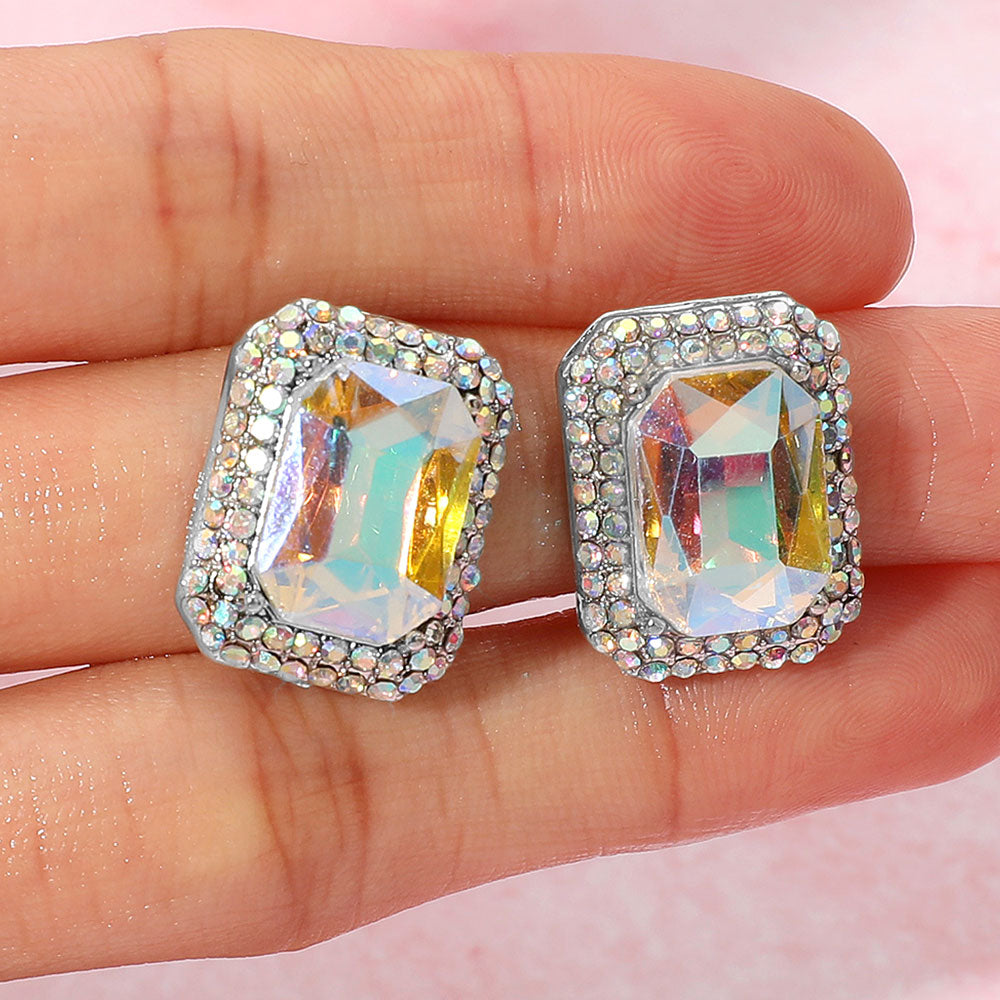 Madeline Love AB, Silver Iridescent Rectangular Rhinestone Evening Stud Earrings