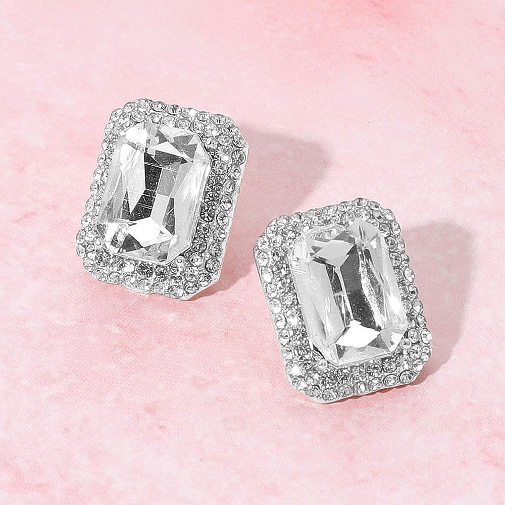 Madeline Love Clear, Silver Iridescent Rectangular Rhinestone Evening Stud Earrings