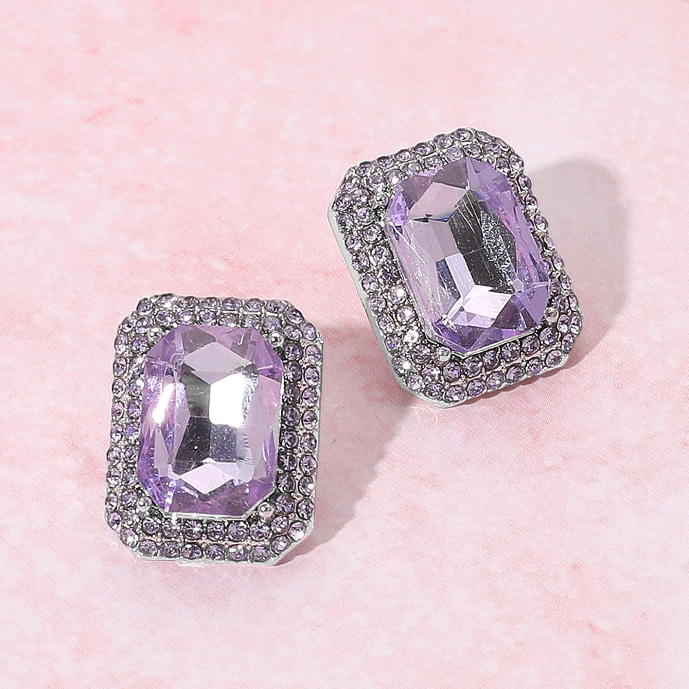 Madeline Love Silver, Violet Iridescent Rectangular Rhinestone Evening Stud Earrings