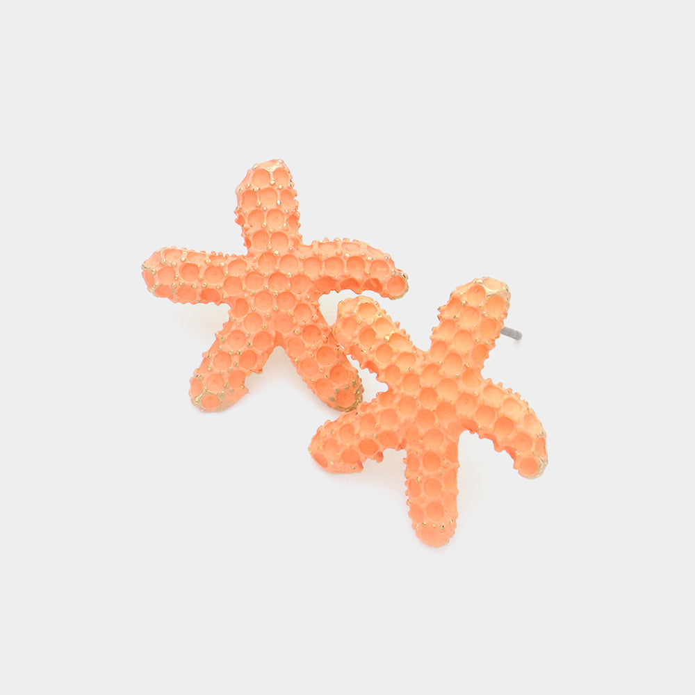 Coral, Gold Textured Starfish Stud Earrings