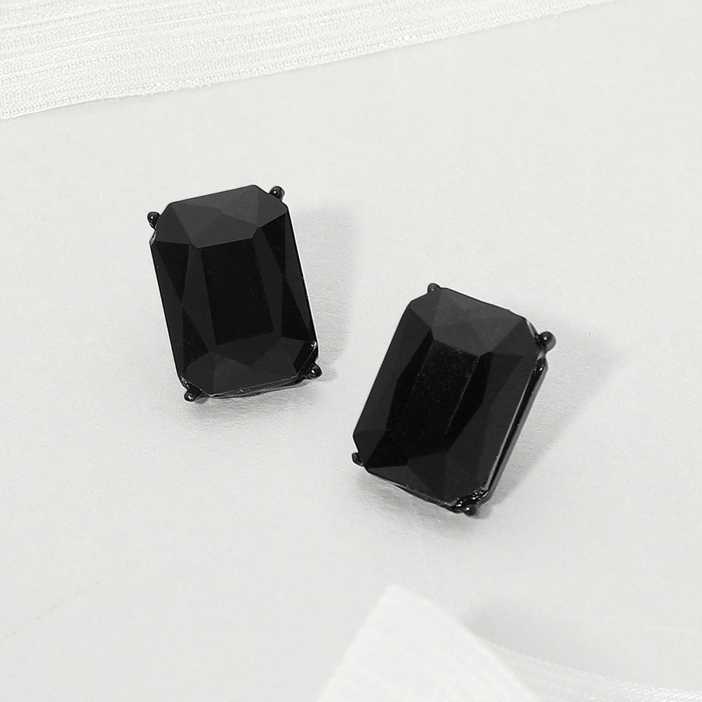 Madeline Love Black, Jet Black Emerald Cut Stone Cluster Evening Stud Earrings