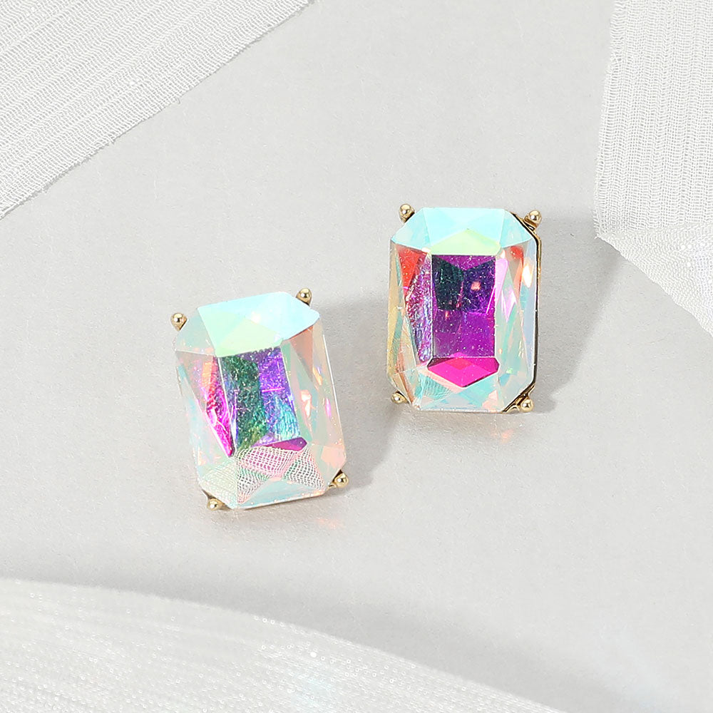 Madeline Love AB, Gold Emerald Cut Stone Cluster Evening Stud Earrings