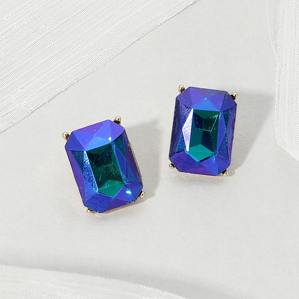 Madeline Love AB, Blue, Gold Emerald Cut Stone Cluster Evening Stud Earrings