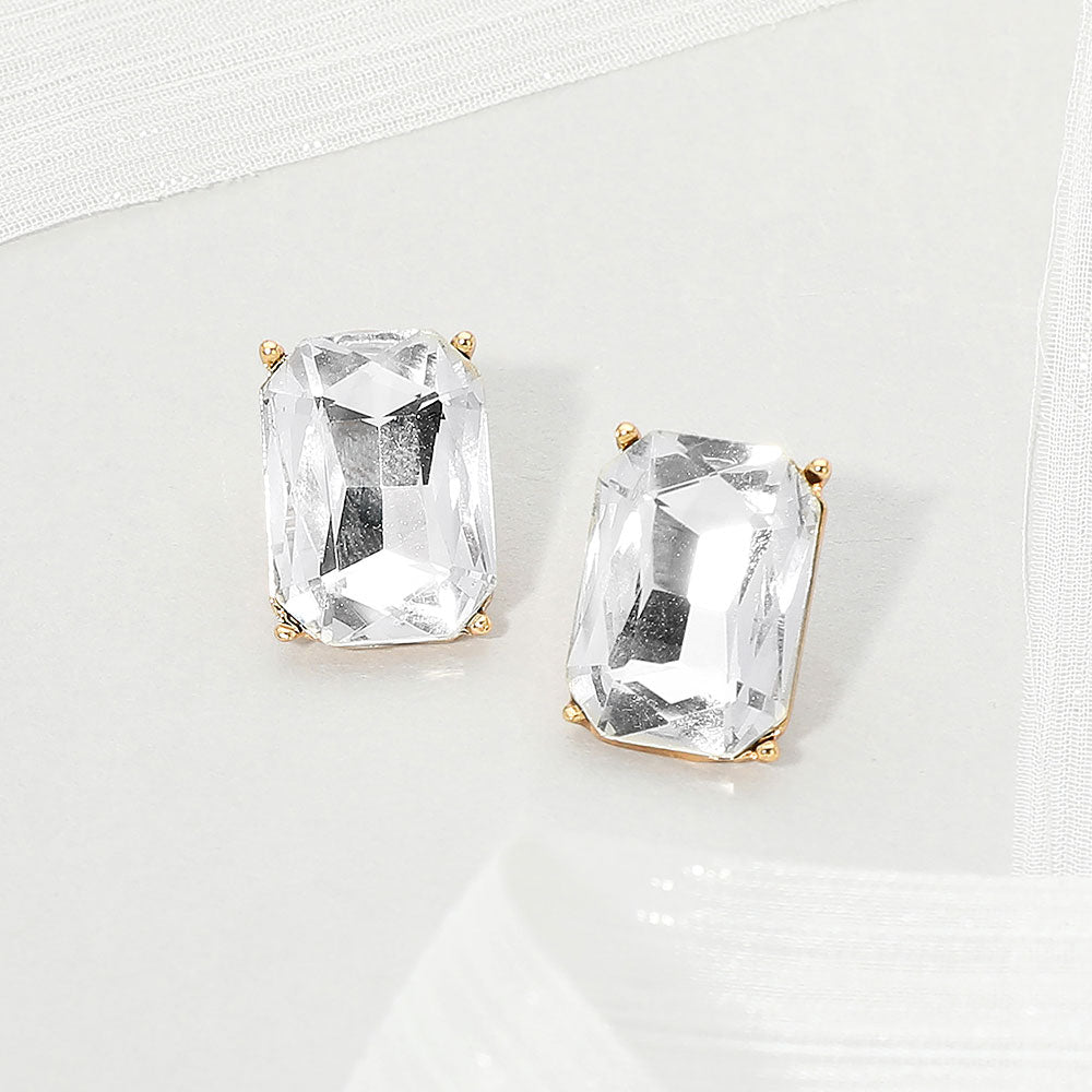 Madeline Love Clear, Gold Emerald Cut Stone Cluster Evening Stud Earrings